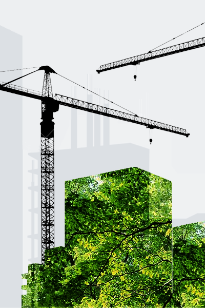 illustration of city skyline showing high rise buildings in construction, cranes tower above and green facade buildings represent a new environment approach