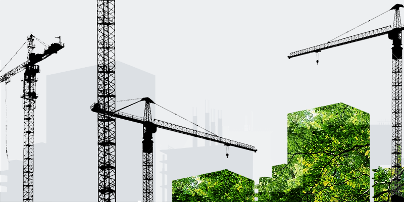 illustration of city skyline showing high rise buildings in construction, cranes tower above and green facade buildings represent a new environment approach
